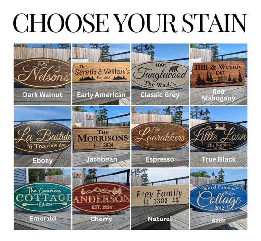 Close-up view showing different colors including Classic Grey, Jacobean, and Red Mahogany, featuring engraved text and wood grain detail.