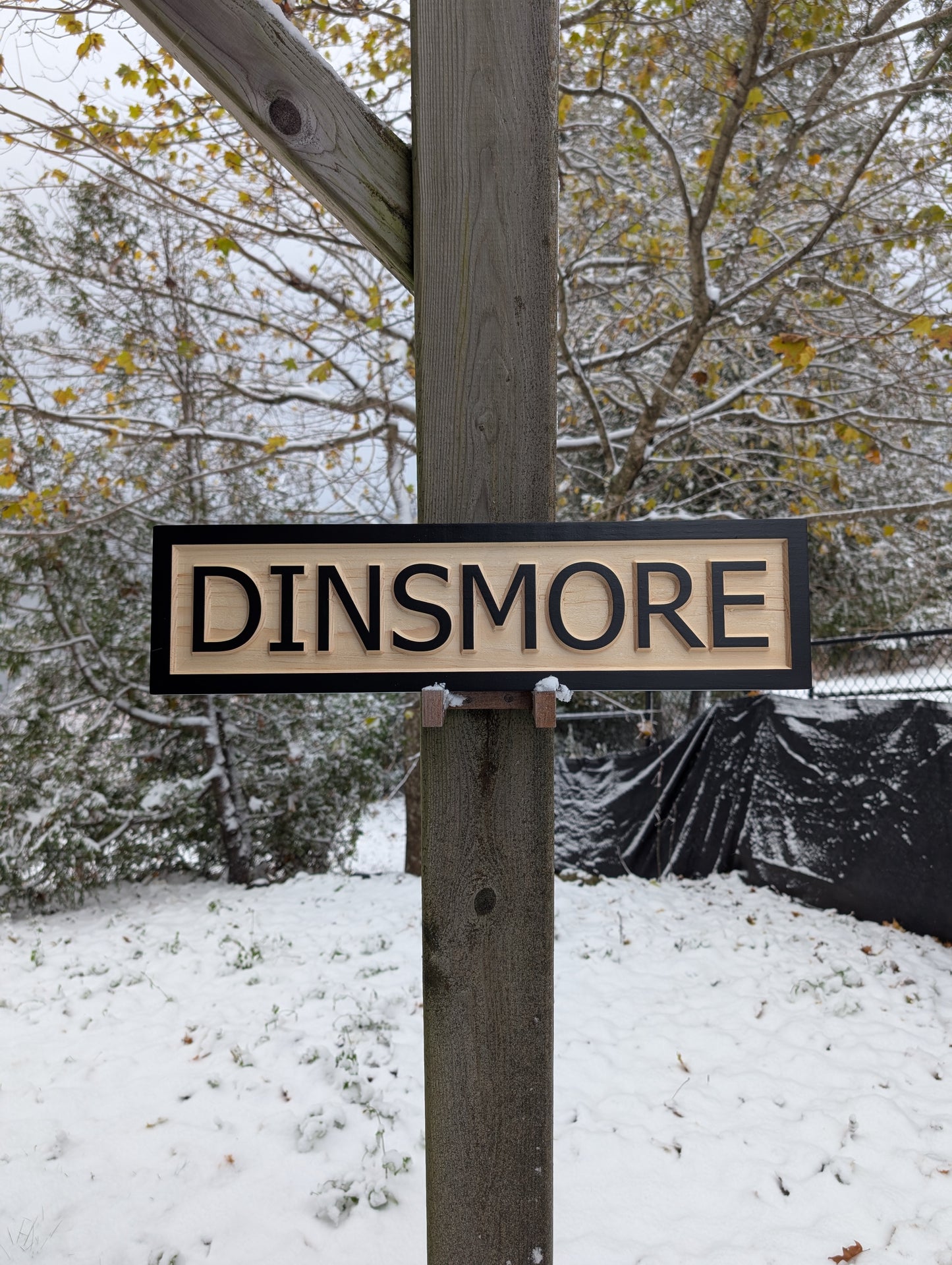 Personalized 'DINSMORE' cabin sign displayed on a post in a snowy, rustic winter landscape. Custom carved wood lodge decor sealed for all-weather protection and extreme cold.