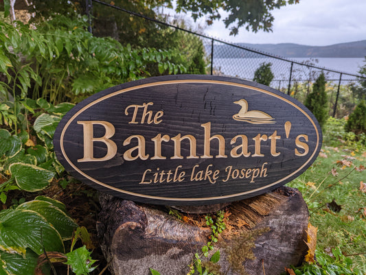 Personalized engraved wood sign 'The Barhart's Little Lake Joseph' with duck graphic on water. Custom lake house welcome sign or family cottage plaque.	